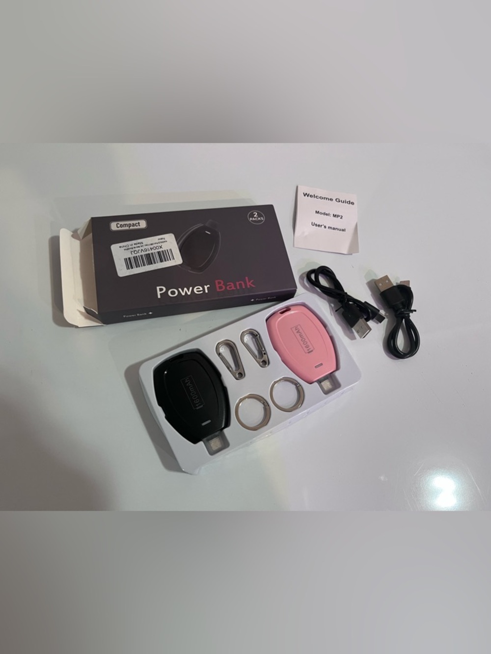 2-Pack USB C Keychain Portable Charger Black and Pink